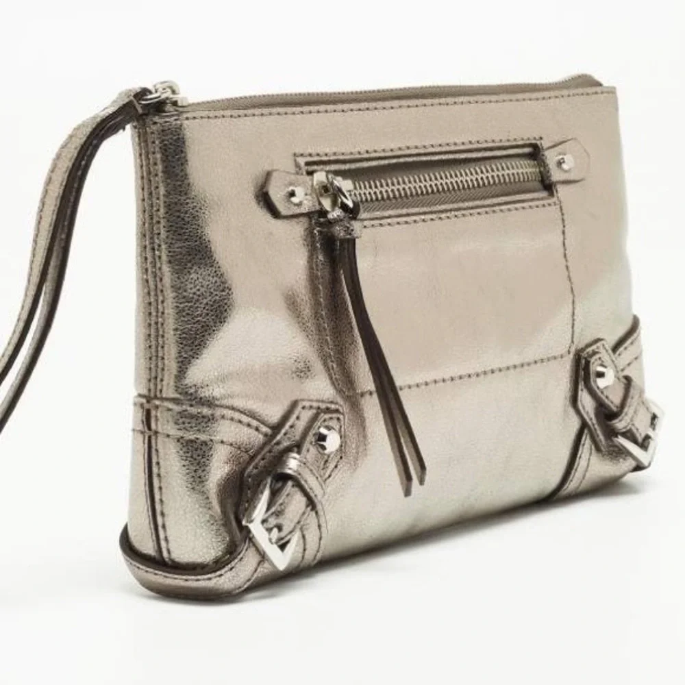 Michael Kors Fallon Metallic gray leather Wristlet Clutch with dust bag NWOT